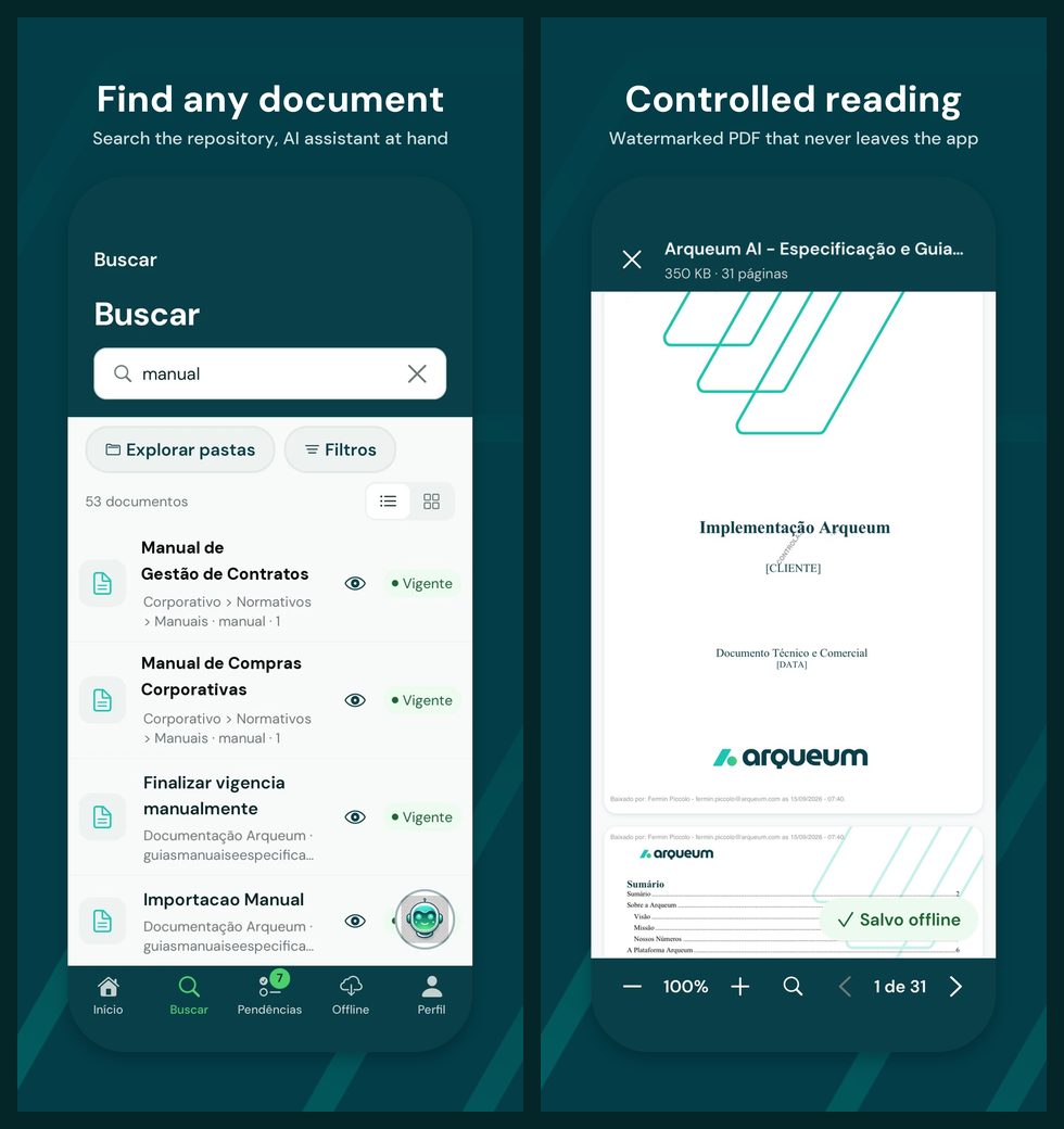 Two Arqueum Mobile screens: repository search results and a PDF open in the watermarked viewer