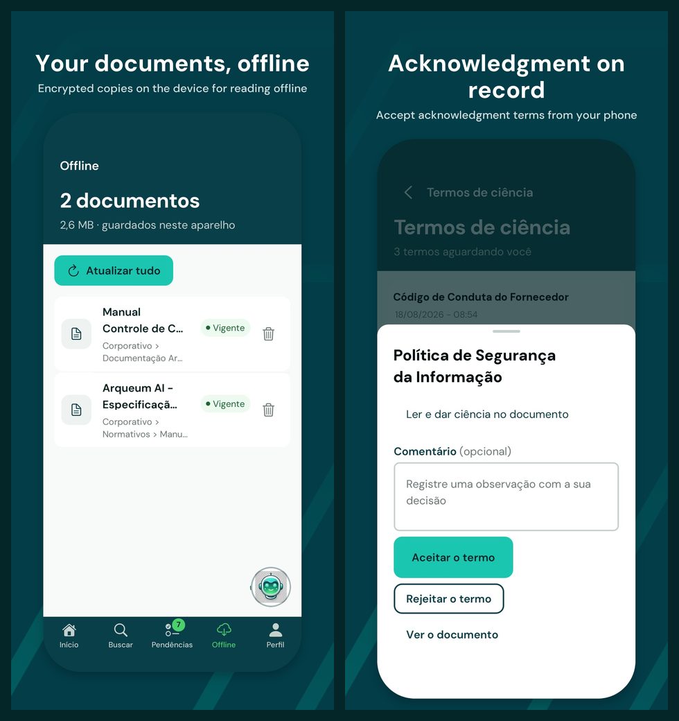Two Arqueum Mobile screens: documents saved for offline reading and an acknowledgment term to accept