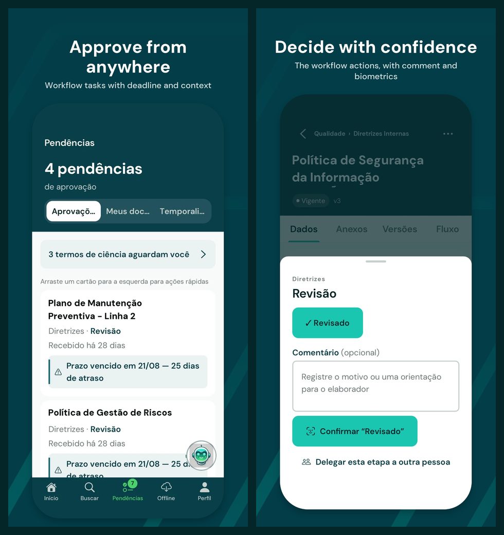 Two Arqueum Mobile screens: the list of pending approvals and the decision on a workflow step with comment and biometrics
