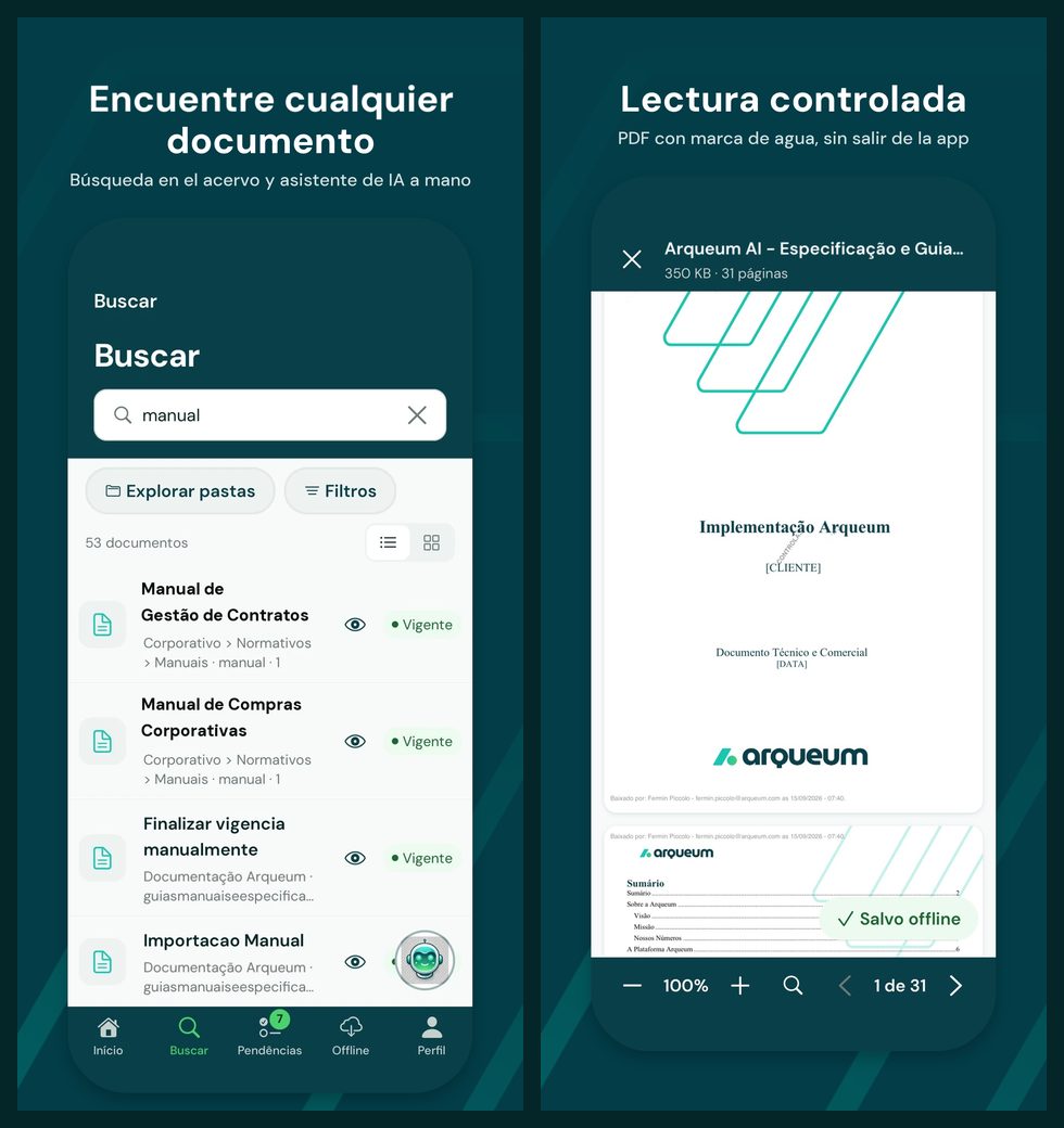 Dos pantallas de Arqueum Mobile: resultados de búsqueda en el acervo y un PDF abierto en el visor con marca de agua