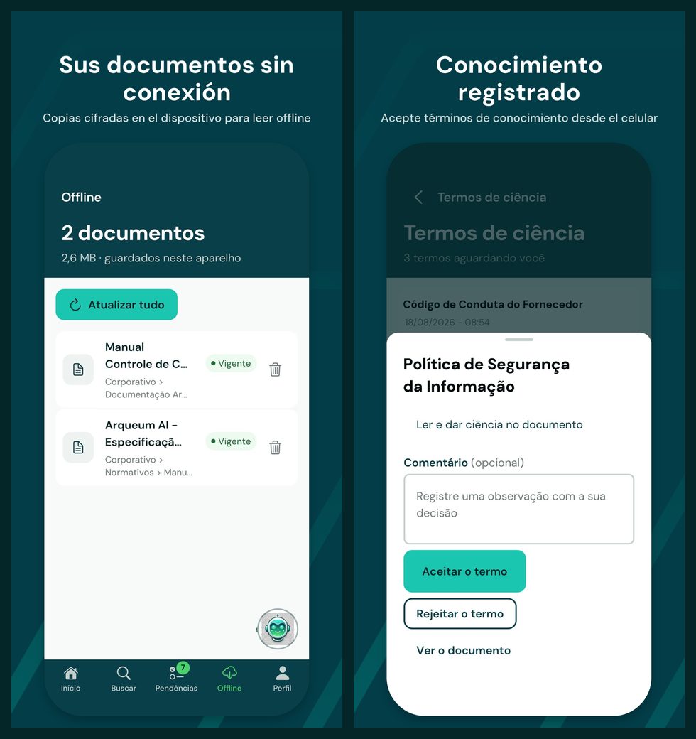 Dos pantallas de Arqueum Mobile: documentos guardados para lectura sin conexión y un término de conocimiento para aceptar