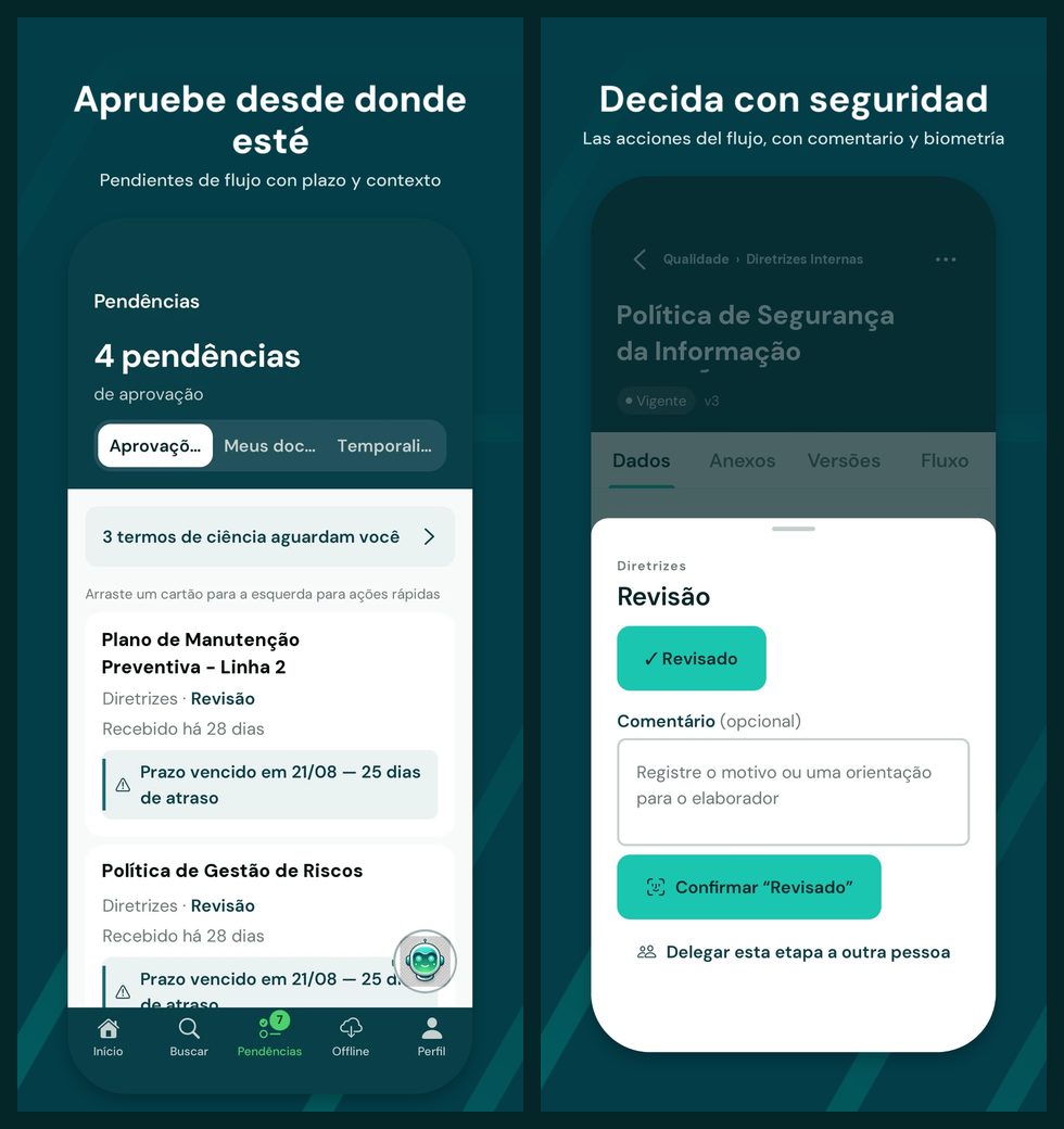 Dos pantallas de Arqueum Mobile: la lista de pendientes de aprobación y la decisión de una etapa con comentario y biometría