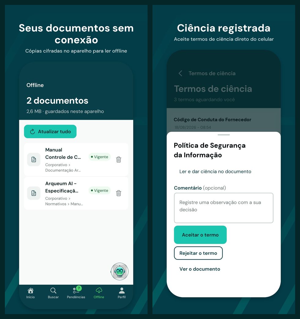 Duas telas do Arqueum Mobile: documentos guardados para leitura offline e um termo de ciência para aceitar