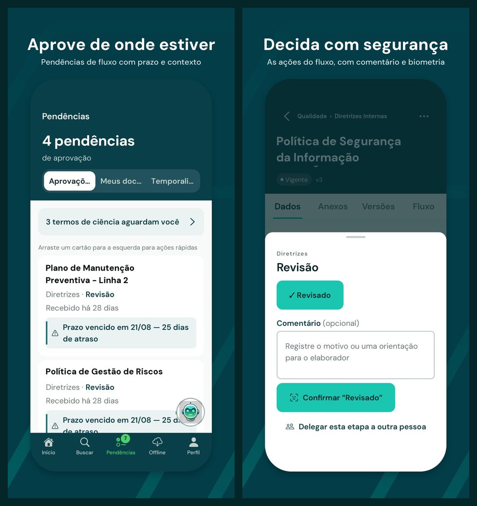 Duas telas do Arqueum Mobile: a lista de pendências de aprovação e a decisão de uma etapa com comentário e biometria
