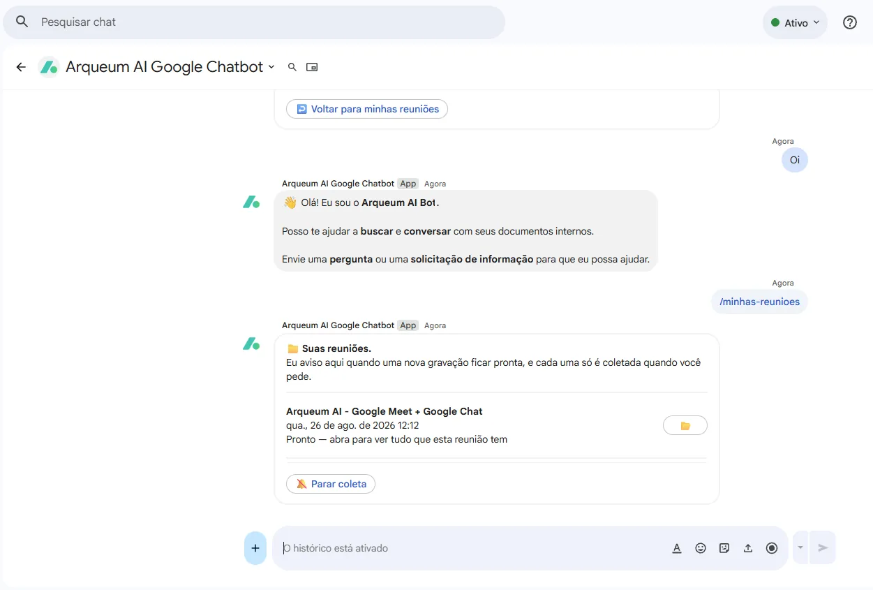 Comando minhas reuniões no Google Chat listando gravações do Google Meet prontas para coleta