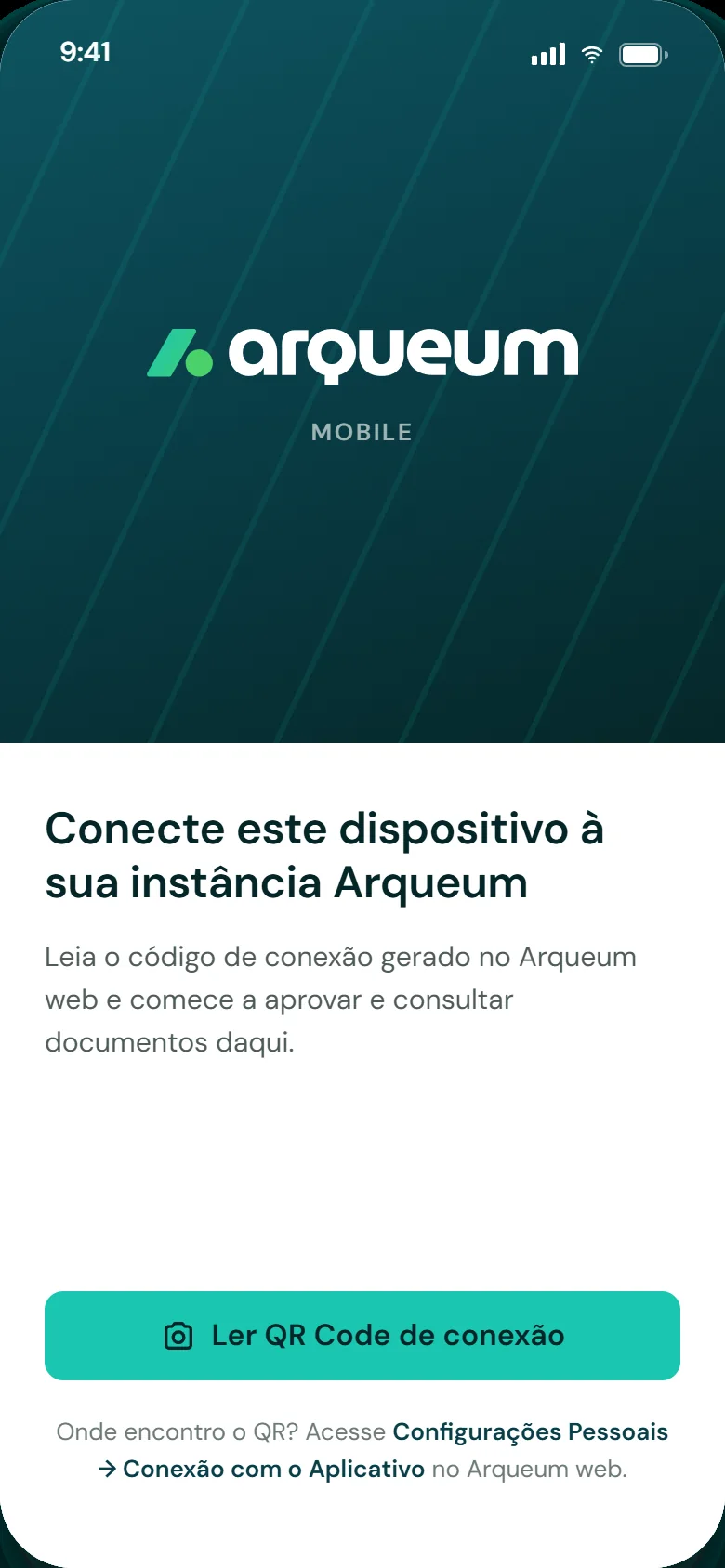 Tela de boas-vindas do aplicativo Arqueum Mobile com o botão Ler QR Code de conexão