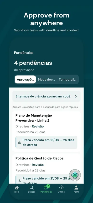 Arqueum Mobile pending items screen: approvals with deadline and context.