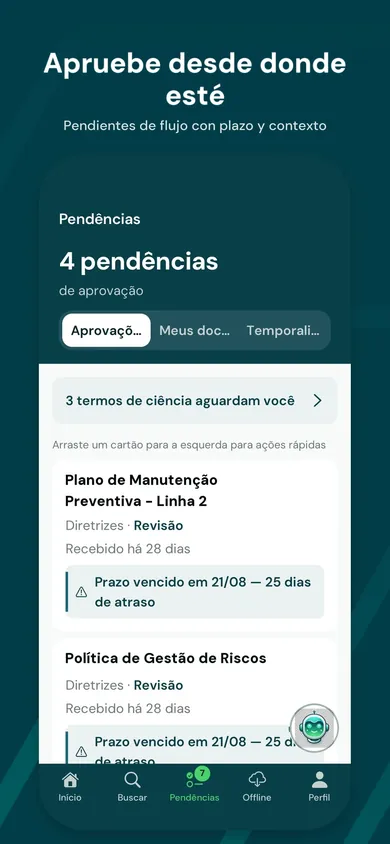 Pantalla de pendientes de Arqueum Mobile: aprobaciones con plazo y contexto.