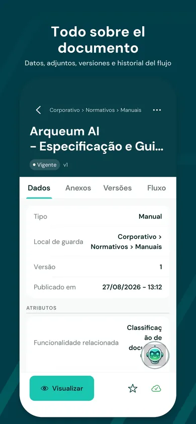 Ficha del documento: datos, atributos, adjuntos, versiones e historial.