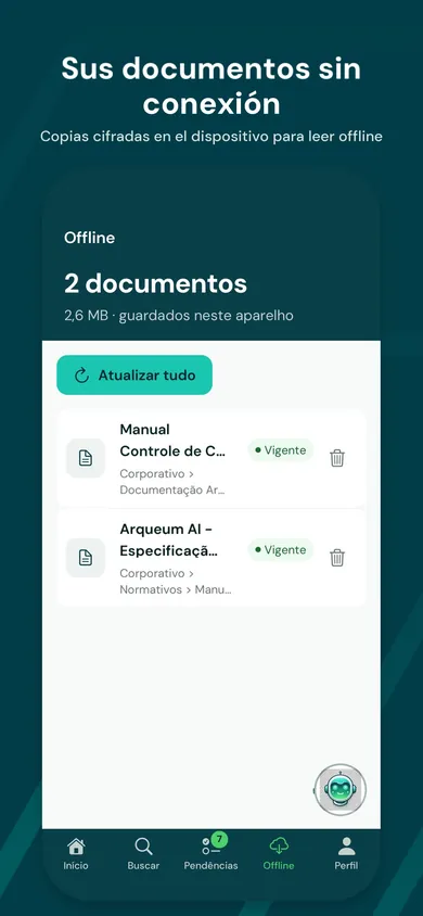 Documentos guardados para lectura sin conexión, cifrados en el dispositivo.