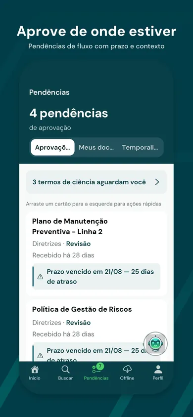 Tela de pendências do Arqueum Mobile: aprovações com prazo e contexto.