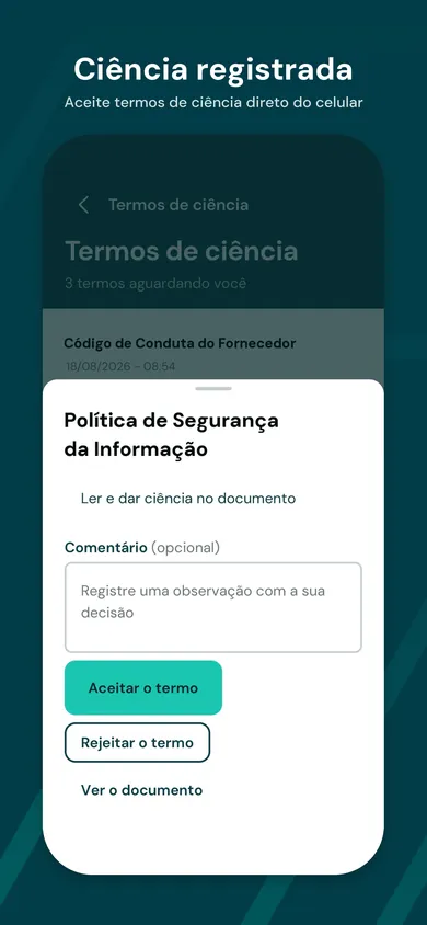 Termo de ciência aceito direto do celular e registrado na instância.