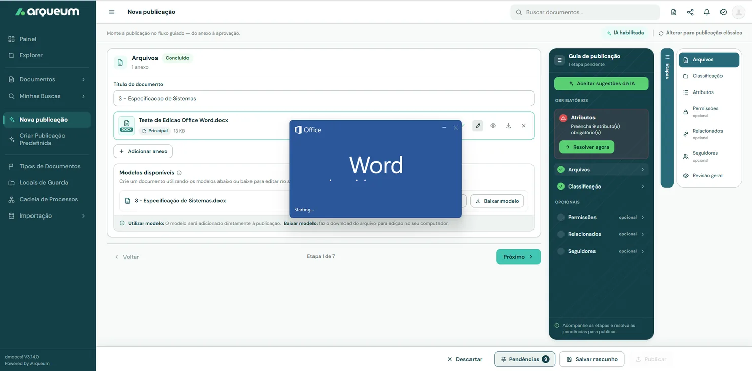 Janela do Microsoft Word iniciando sobre a tela de publicação da Arqueum