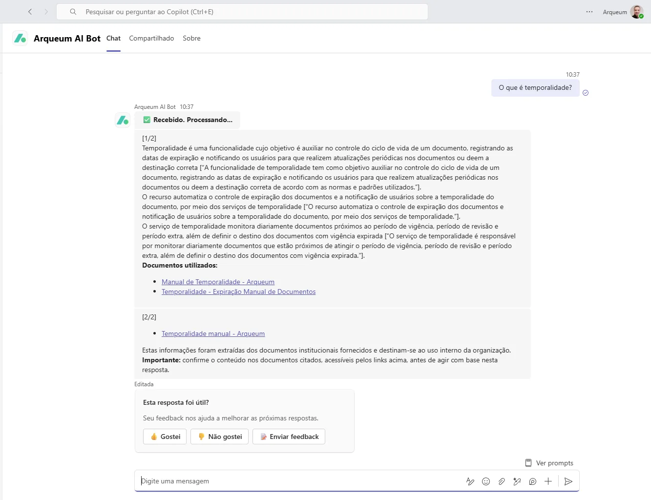 Assistente Arqueum no Microsoft Teams respondendo com a lista de documentos utilizados