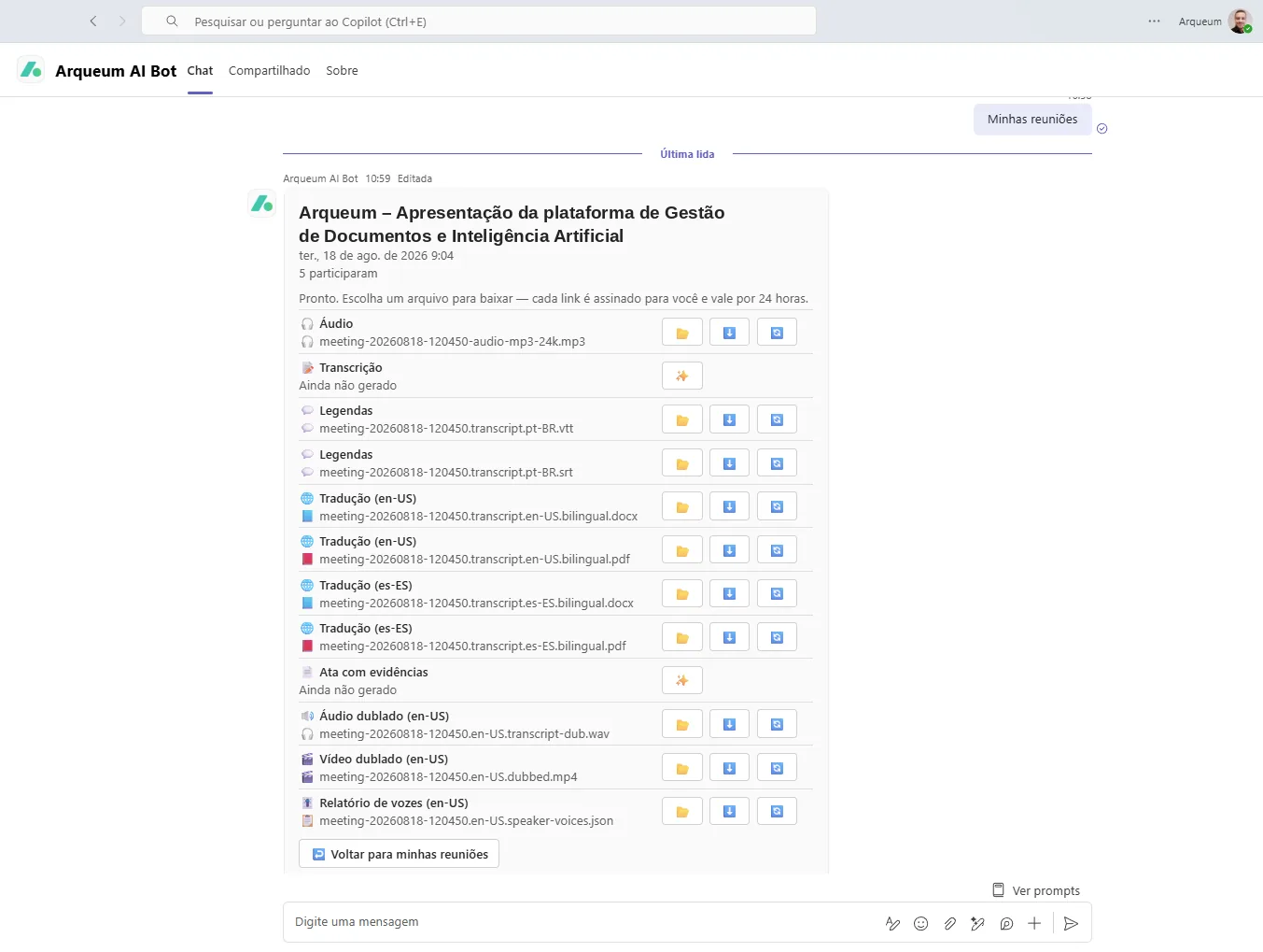 Todos os artefatos de uma reunião, com link assinado e temporário por arquivo