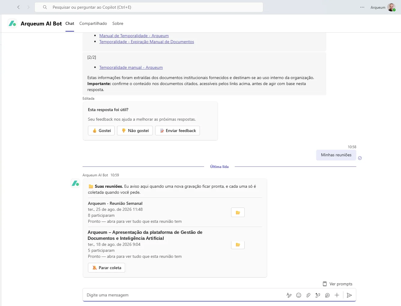 Listagem Minhas reuniões no Teams: coleta sob demanda por reunião e botão parar coleta