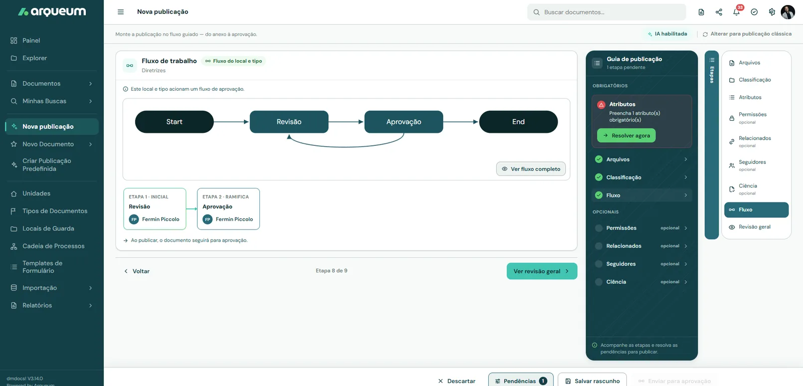 Fluxo de trabalho configurável na Arqueum: Start, Revisão, Aprovação e End, com responsáveis por etapa